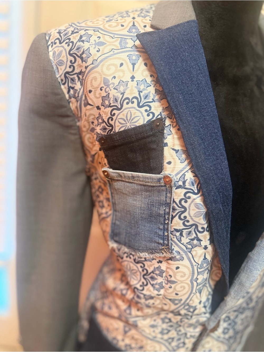 Crown & Ivy Gray Blazer with Blue Paisley and Denim Patchwork - Men’s Blazer - Picture 2 of 11